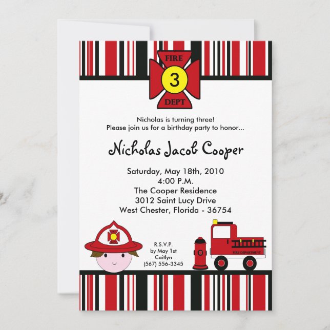 5x7 Fireman Firetruck Birthday Party Invitation (Front)