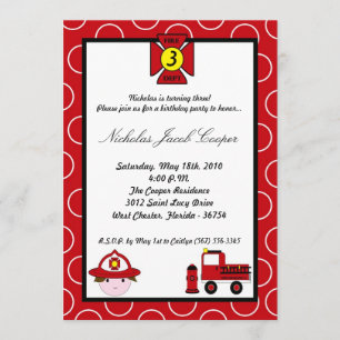 5x7 Fireman Firetruck Birthday Party Invitation