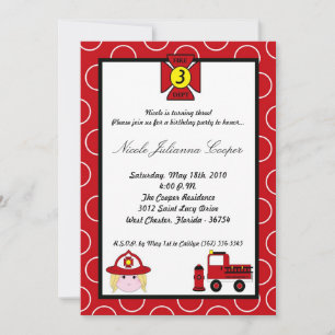 5x7 Firewoman Firetruck Birthday Party Invitation