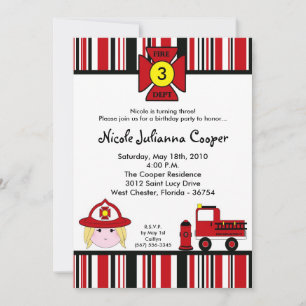 5x7 Firewoman Firetruck Birthday Party Invitation