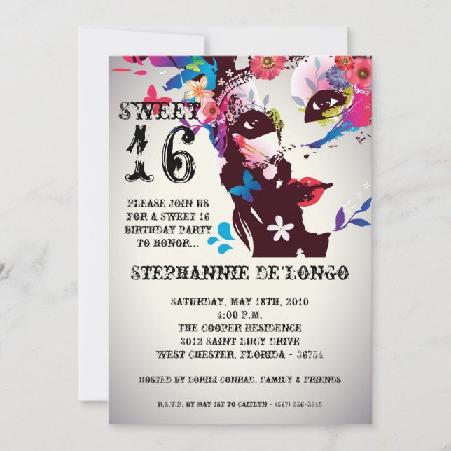 5x7 Floral Masquerade Sweet 16 Birthday Invitation (Front)