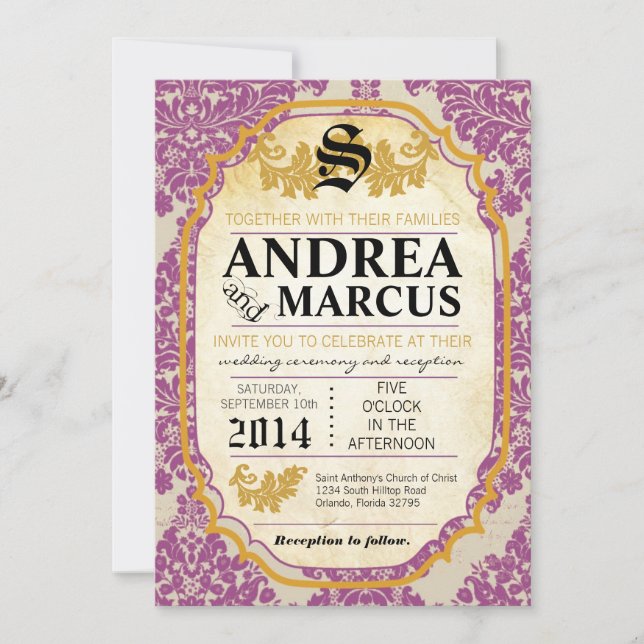 5x7 Formal Purple Damask Lace Wedding Invitation (Front)