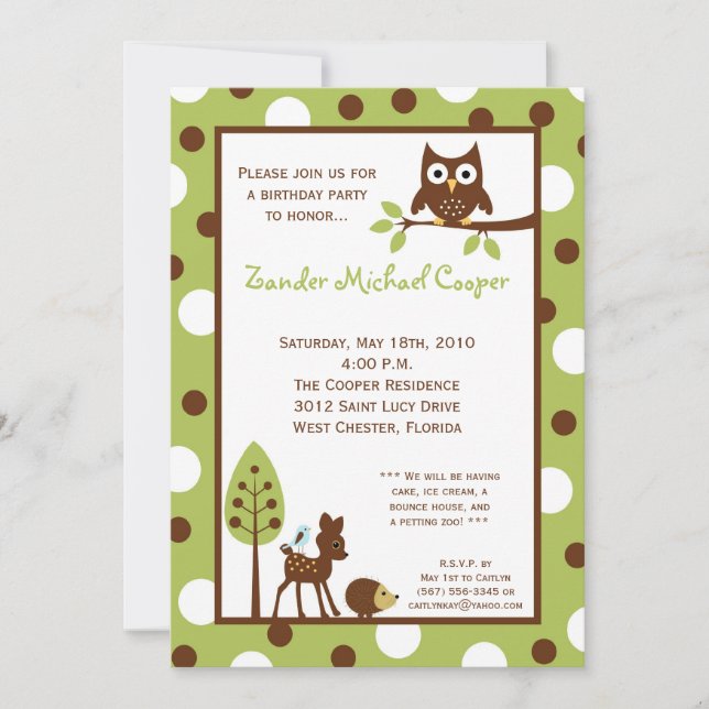 5x7 Forrest Wood Animal Birthday Party Invitation (Front)