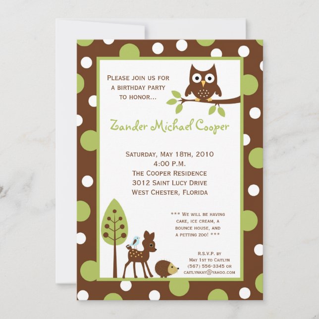 5x7 Forrest Wood Animal Birthday Party Invitation (Front)