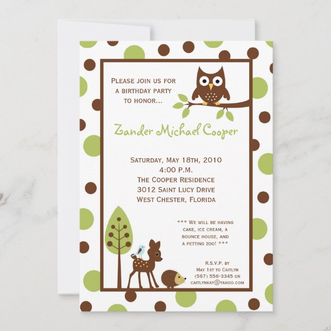 5x7 Forrest Wood Animal Birthday Party Invitation (Front)