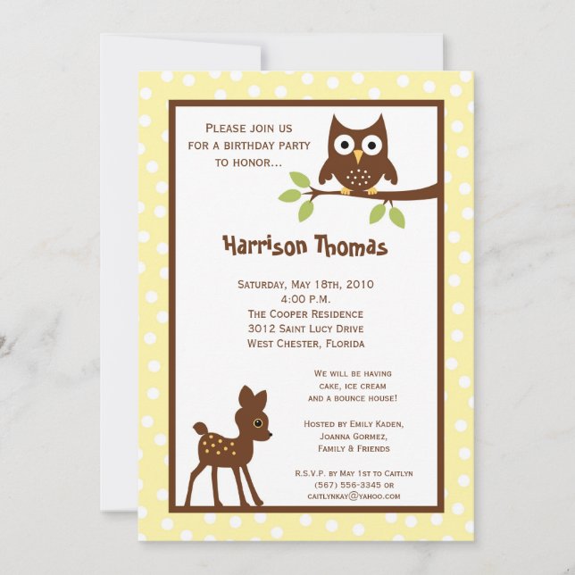 5x7 Forrest Woodland Animal Birthday Invitation (Front)