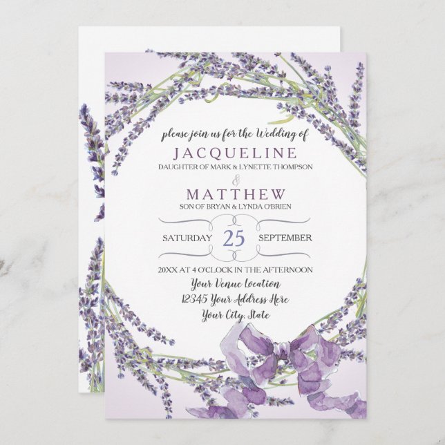 5x7 French Lavender Flower Wreath Lilac Purple Invitation (Front/Back)
