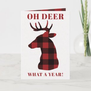 5x7 Funny Oh Deer What a Year Buffalo Plaid Deer Holiday Card