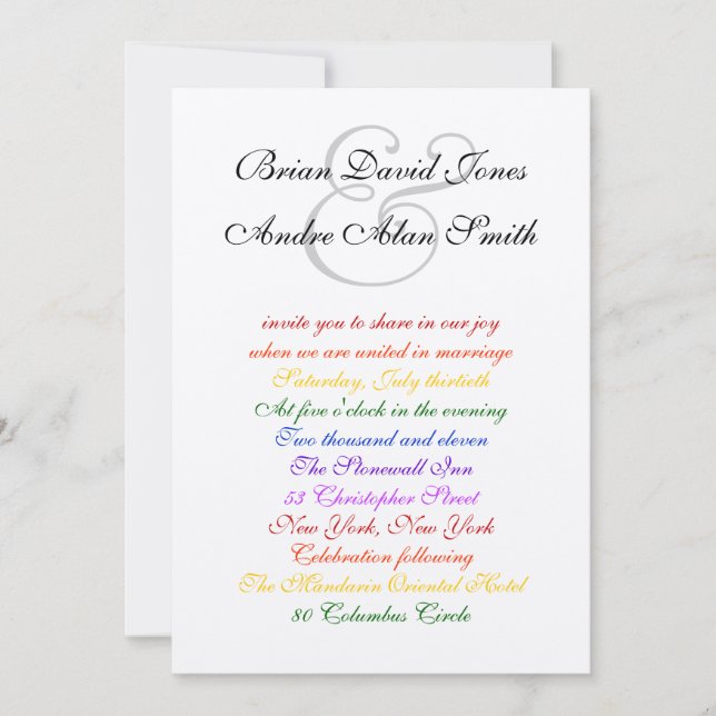 5x7 Gay Wedding Rainbow LGBT Pride Metallic Invitation (Front)