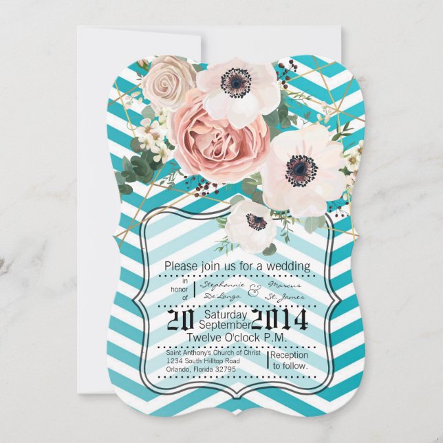 5x7 Geometric Rose Chevron Teal Wedding Invitation (Front)