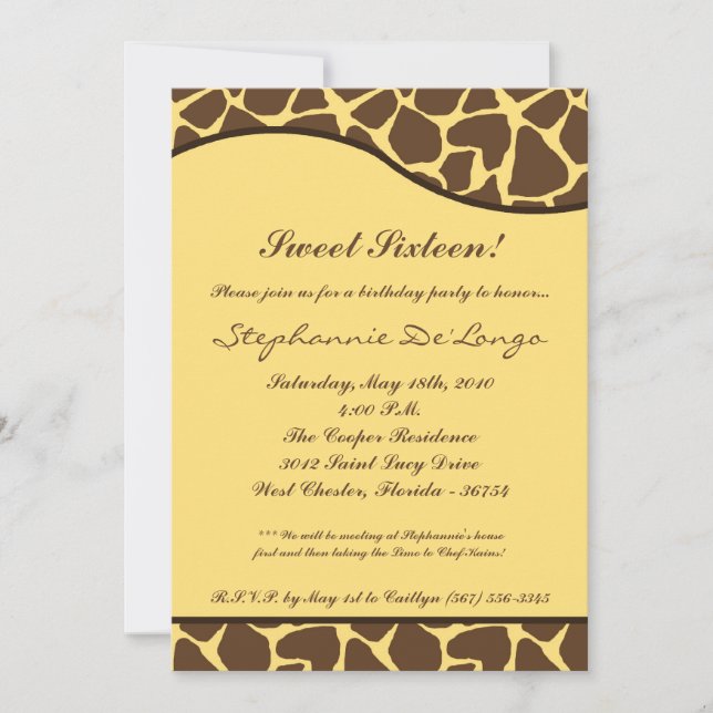 5x7 Giraffe Print Sweet 16 Birthday Party Invite (Front)