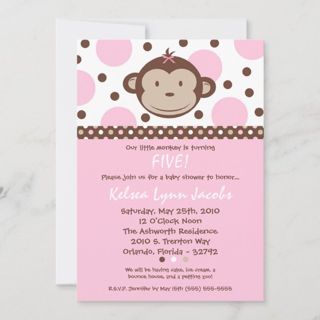 5x7 Girl Modern Mod Monkey Birthday Par Invitation (Front)