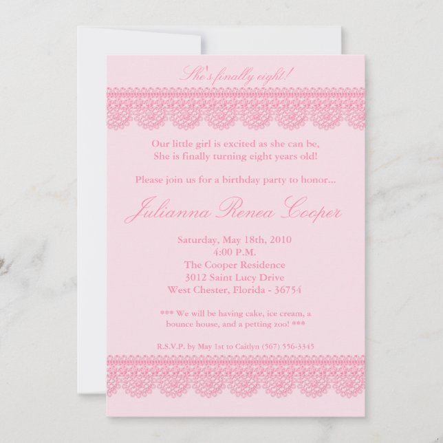 5x7 Girl Pink Lace Trim Birthday Party Invitation (Front)