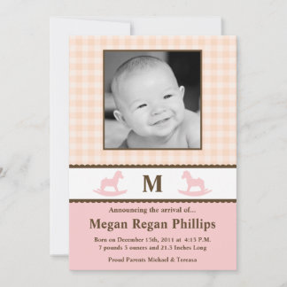 5x7 Girl Pink Monogram PHOTO Birth Announcement