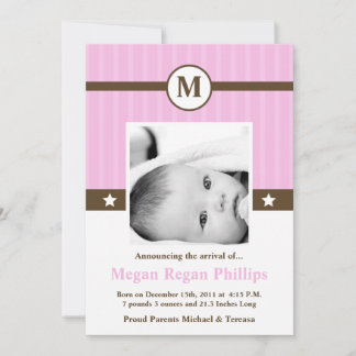 5x7 Girl Pink Monogram PHOTO Birth Announcement