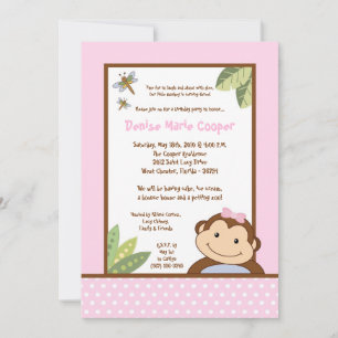 5x7 Girl Pink Papgayo Monkey Birthday Invitation