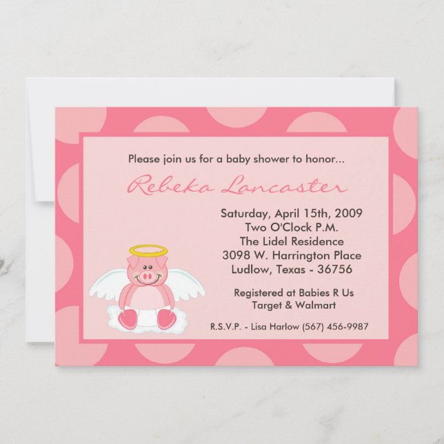 5x7 Girl Pink Polka Dot Pig Baby Shower Invitation (Front)