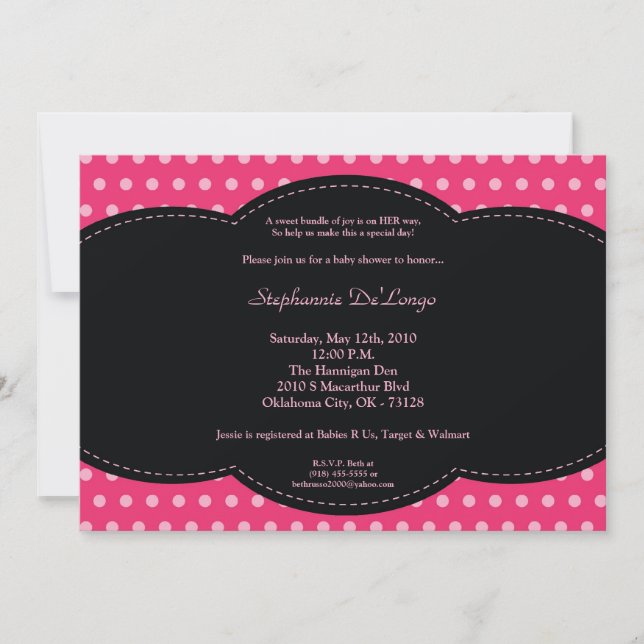 5x7 Girl Pink Polkadot Poke Baby Shower Invitation (Front)
