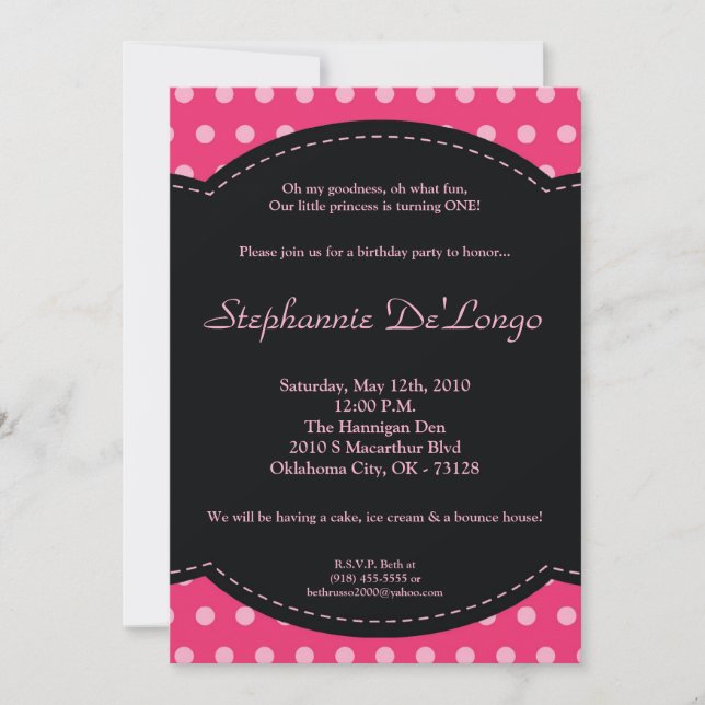 5x7 Girl Pink Polkadot Poke Birthday Invitation (Front)