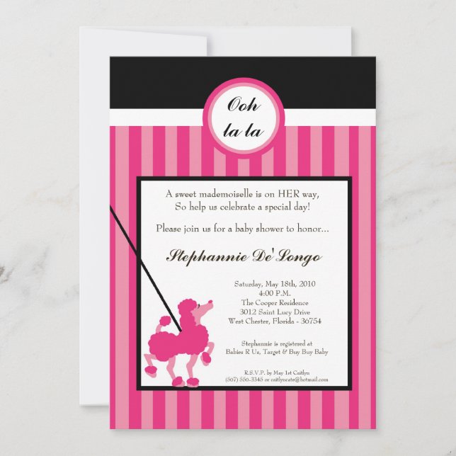 5x7 Girl Pink Poodle Paris Baby Shower Invitation (Front)