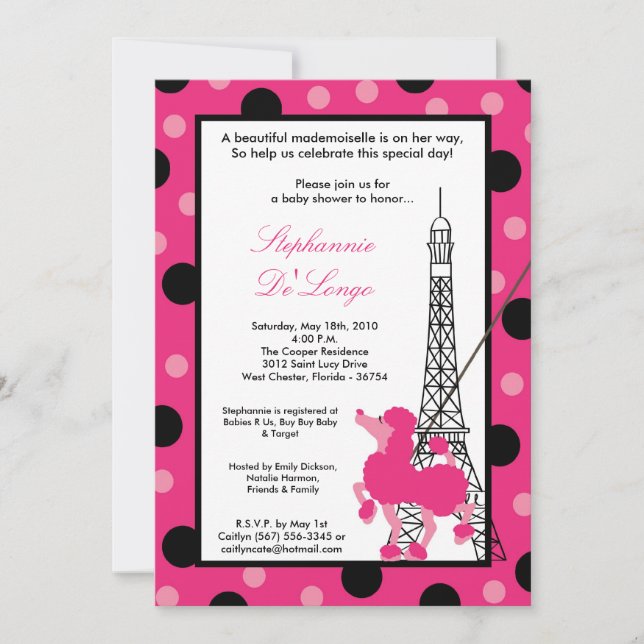 5x7 Girl Pink Poodle Paris Baby Shower Invitation (Front)