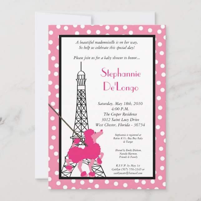 5x7 Girl Pink Poodle Paris Baby Shower Invitation (Front)