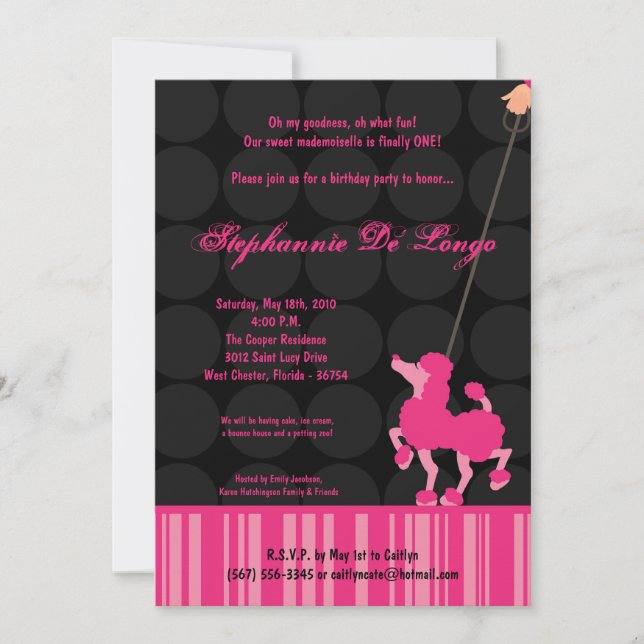 5x7 Girl Pink Poodle Paris Birthday Par Invitation (Front)