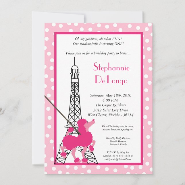 5x7 Girl Pink Poodle Paris Birthday Par Invitation (Front)