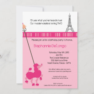 5x7 Girl Pink Poodle Paris Birthday Par Invitation