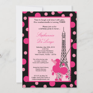 5x7 Girl Pink Poodle Paris Birthday Par Invitation