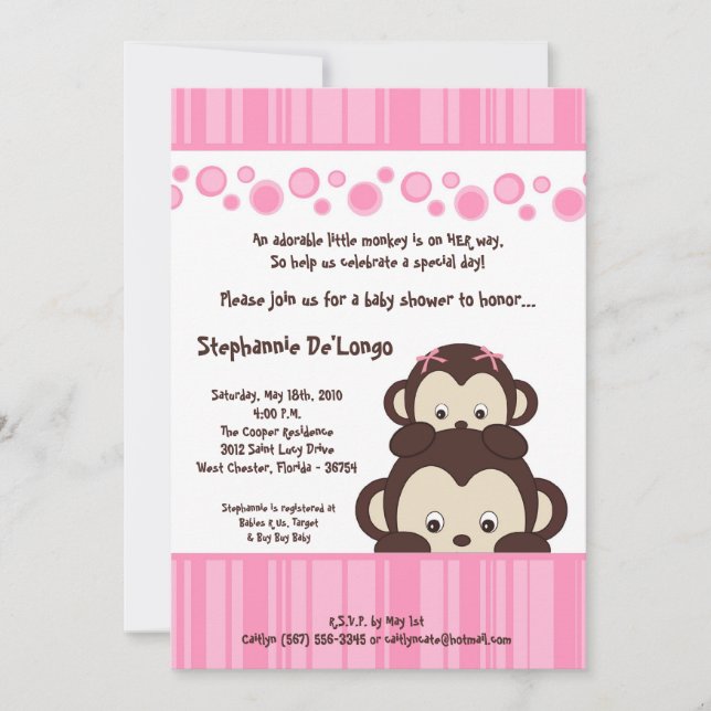 5x7 Girl Pink Pop Monkey Baby Shower Invitation (Front)