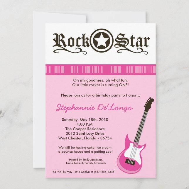 5x7 Girl Pink Rock Guitar Birthday Part Invitation (Front)