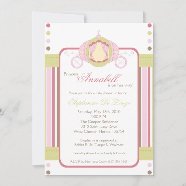 5x7 Girl Princess Carriage Baby Shower Invitation (Front)