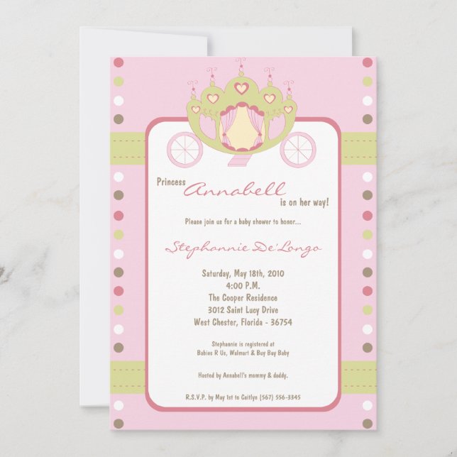 5x7 Girl Princess Carriage Baby Shower Invitation (Front)