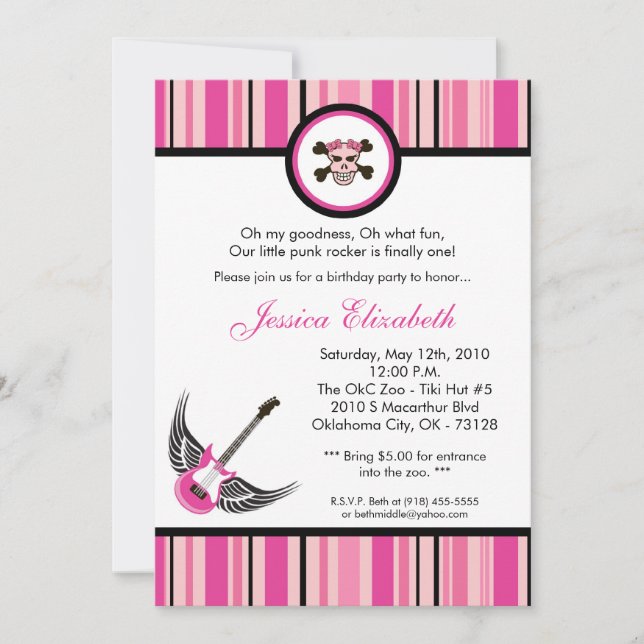 5x7 Girl Punk Rocker Birthday Party Invitation (Front)