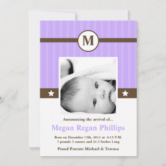 5x7 Girl Purple Monogram PHOTO Birth Announcement