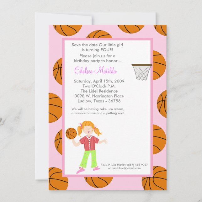 5x7 Girl Sports Basket Ball Baby Shower Invitation (Front)