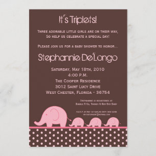 5x7 Girl Triplets Elephant Baby Shower Invitation
