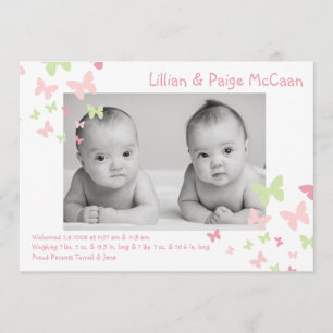 5x7 Girl Twins Butterfly Photo Birth Announcement
