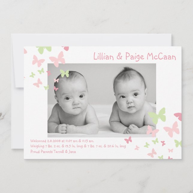 5x7 Girl Twins Butterfly Photo Birth Announcement (Front)