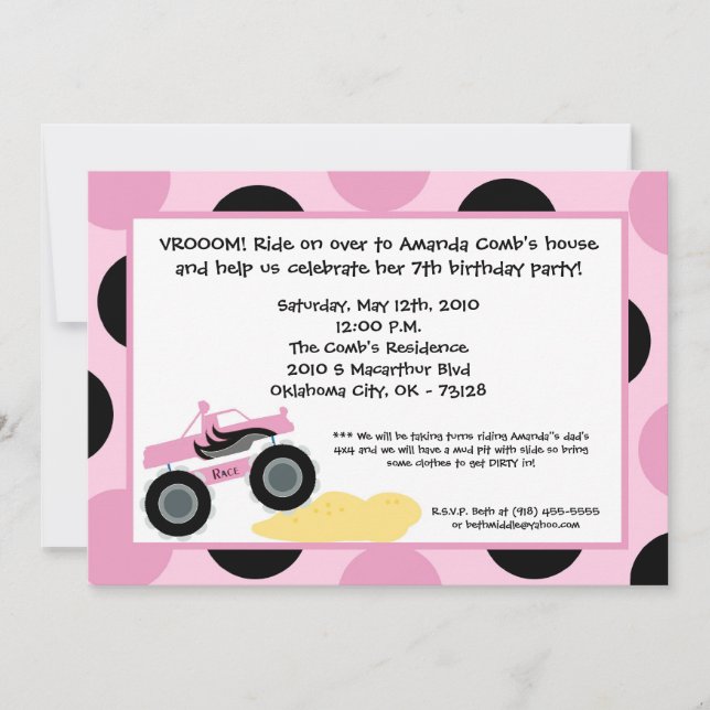 5x7 Girly 4x4 ATV Truck Birthday Party Invitation (Front)
