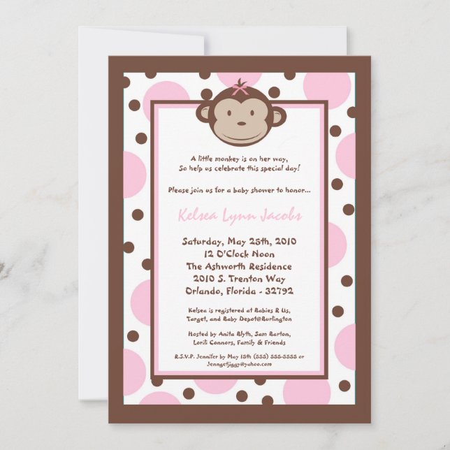 5x7 Girly Modern Mod Monkey Baby Shower Invitation (Front)