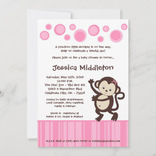 5x7 Girly Pink Monkey Dance Baby Shower Invitation