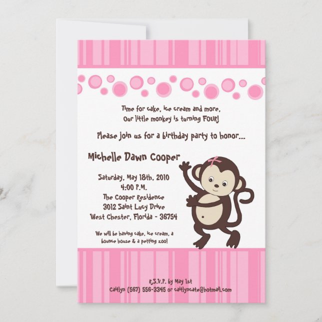 5x7 Girly Pink Pop Monkey Birthday Invitation (Front)