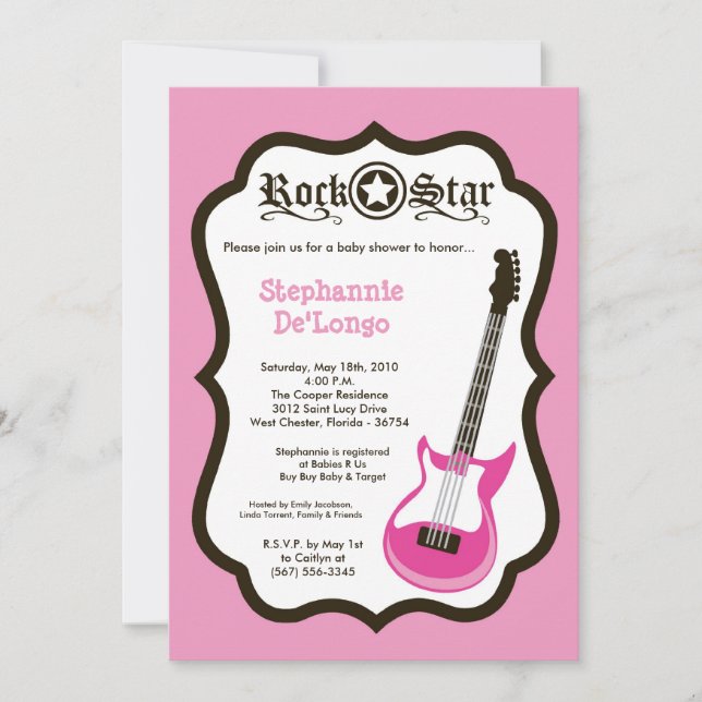 5x7 Girly Pink Rock Guitar Baby Shower Invitation (Front)