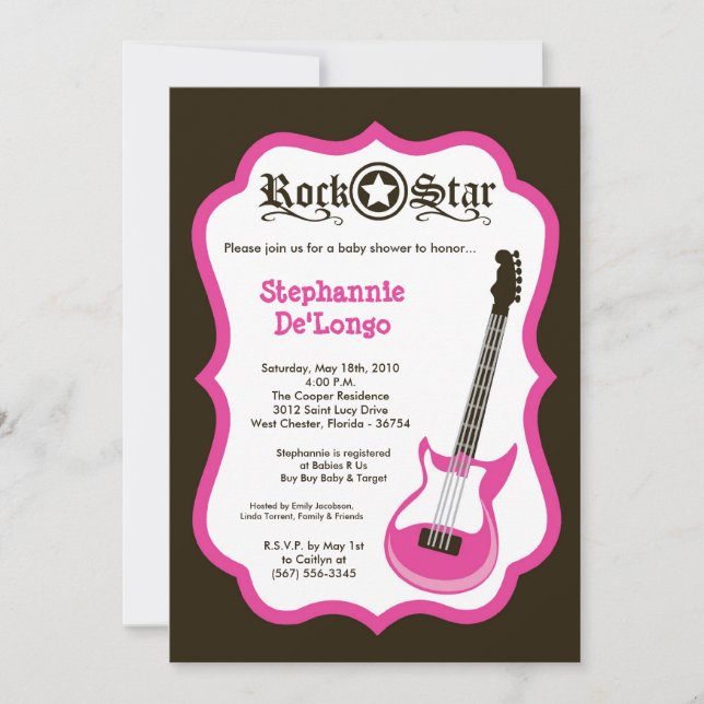 5x7 Girly Pink Rock Guitar Baby Shower Invitation (Front)