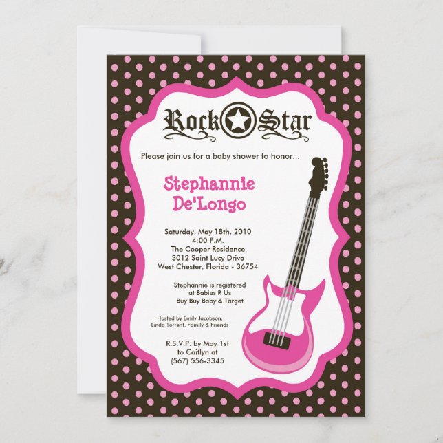 5x7 Girly Pink Rock Guitar Baby Shower Invitation (Front)