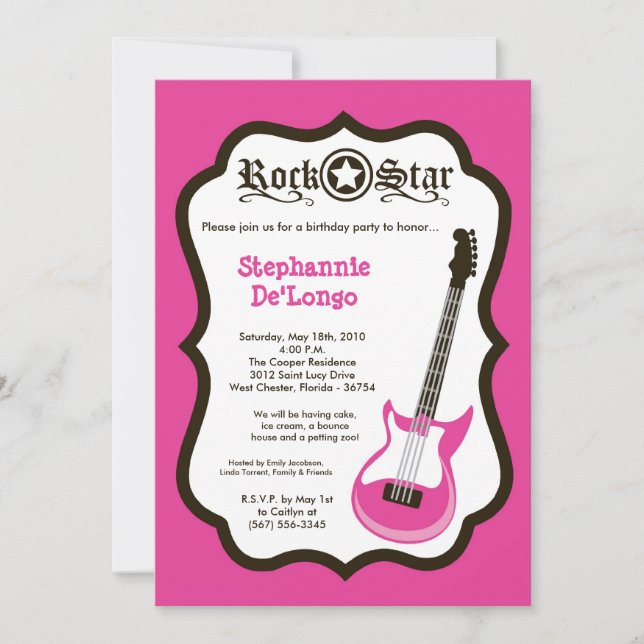 5x7 Girly Pink Rock Guitar Birthday Par Invitation (Front)