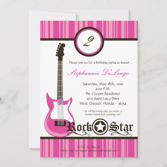 5x7 Girly Pink Rock Guitar Birthday Par Invitation (Front)