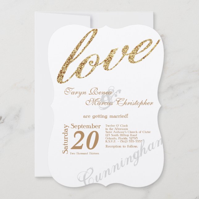 5x7 Gold Foil Glitter Love Wedding Invitation (Front)